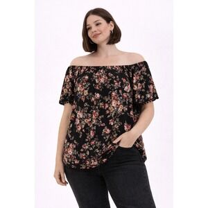 Jody California Floral Blouse Womens XX-Large Black Pom Pom Trim Cottagecore Top